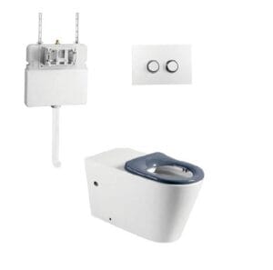 Flat pack toilet with concealed cistern and dual flush buttons for modern bathroom renovation. Includes toilet bowl, flush actuator, and mounting components. Perfect for bathroom remodeling projects.
