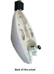 Urinal back view with plumbing and mount components for bathroom installation, showcasing durable ceramic material.