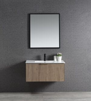 VIVO 750mm wall hung vanity with curved handles and stone or ceramic top in compact bathroom
