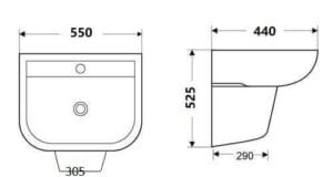 Compact bathroom sink with dimensions 550x525mm, ideal for modern homes and renovation projects.