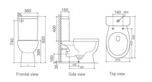 Toilet bowl with detailed dimensions, suitable for bathroom renovation, plumbing, and commercial or residential installations. High-quality, durable ceramic toilet with precise measurements.