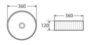 Round bathroom sink basin with 360mm diameter, detailed technical drawing, ideal for home renovation and plumbing projects.
