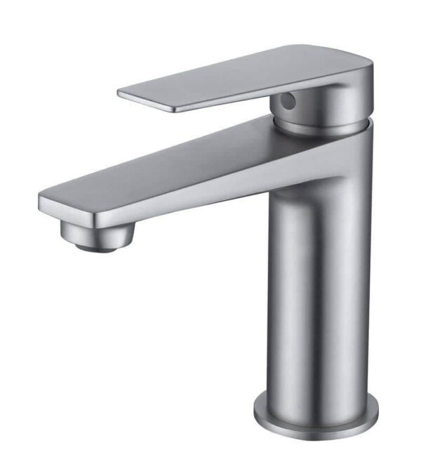 Brushed nickel bathroom sink faucet with modern design and easy-to-use single handle for bathroom renovations and upgrades.