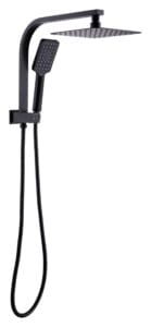 Showerhead and handheld spray set with black finish, modern bathroom fixture, wall-mounted outdoor and indoor shower accessory for homes and renovations.