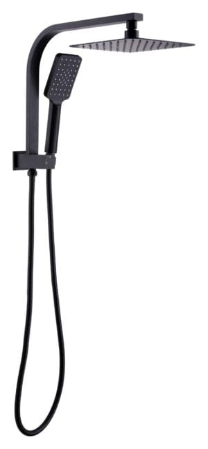 Showerhead and handheld spray set with black finish, modern bathroom fixture, wall-mounted outdoor and indoor shower accessory for homes and renovations.