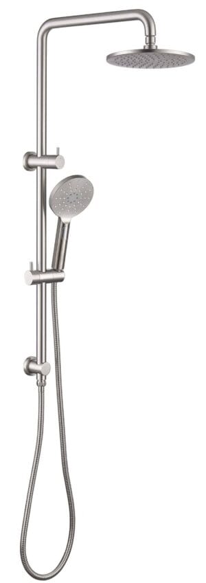 Sleek modern stainless steel shower system with rainfall showerhead and handheld showerhead for a luxurious bathroom upgrade.