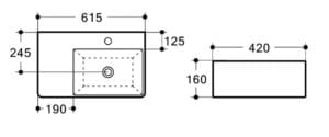 Black and white technical drawing of a bathroom sink with dimensions for installation and cabinetry, ideal for builders and renovation projects.