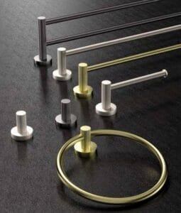 Knurled cabinet and drawer handles, towel bar, and decorative curtain ring in various finishes including black, silver, gold, and brass for modern kitchen and bathroom upgrades.