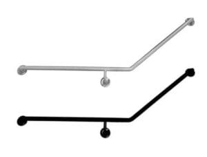 Stainless steel and black grab bars for bathroom safety and accessibility, ideal for shower enclosures and elderly support.