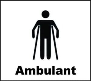 Ambulant person icon for medical or healthcare signage, universal symbol for ambulant services, simple black and white design, suitable for public safety instructions, accessible signage for healthcare facilities.