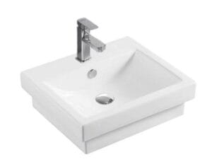 White modern bathroom sink with chrome faucet, ideal for home renovation and plumbing supplies.