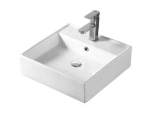 Modern white bathroom sink with chrome faucet, ideal for home renovation and plumbing supplies.
