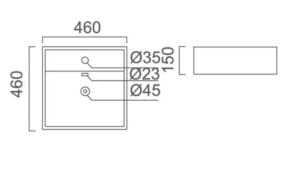 Square shower tray with dimensions, drainage outlets, and installation height detailed in technical drawing for bathroom renovation.