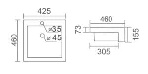Square shower tray with detailed plumbing dimensions, ideal for bathroom renovation and waterproofing, designed for seamless installation in modern home bathrooms.