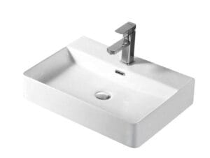 Modern white bathroom sink with chrome faucet, ideal for home renovation and plumbing supplies. Perfect for kitchen and bathroom upgrade projects, available at Builders Warehouse Online.