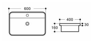 600mm wide modern kitchen sink with detailed dimensions for installation.