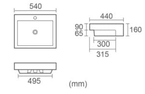 Sink basin diagram with dimensions for bathroom and kitchen renovation, ideal for builders and DIY projects at Builders Warehouse Online.