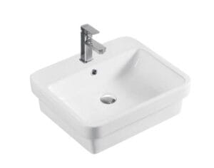 Sink with modern chrome faucet, ideal for bathroom or laundry renovation, made from durable ceramic material. Perfect for DIY home improvement projects.