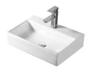 Ceramic bathroom sink with modern chrome faucet, ideal for home renovation projects. Durable and stylish ceramic basin perfect for bathrooms.