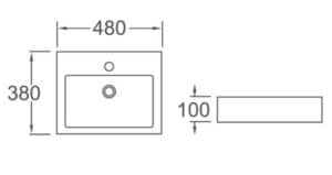A diagram of a bathroom sink with dimensions, including width of 480mm, depth of 380mm, and height of 100mm, highlighting bathroom fixtures, sanitaryware, and plumbing essentials.