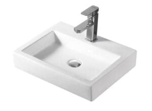 Bright white rectangular bathroom sink with chrome faucet and drain, ideal for modern bathroom renovations. Durable ceramic construction perfect for residential or commercial use.