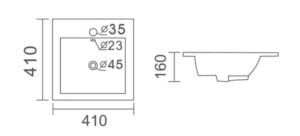 Square bathroom sink with detailed measurements and drainage specifications for modern bathroom remodeling.