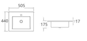 Square bathroom sink with detailed measurements, ideal for home improvement and renovation projects. Perfect for plumbing and DIY bathroom upgrades.