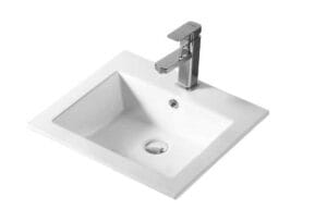 Ceramic bathroom sink with modern chrome faucet, ideal for home renovations and plumbing supplies. Perfect for upgrading your bathroom with quality fixtures from Builders Warehouse Online.