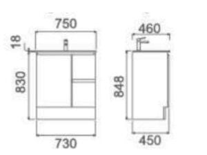 750x830mm kitchen cabinet with dimensions for countertops and storage options, perfect for home renovation projects.