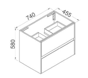 2. Modern bathroom vanity cabinet with dual sink basins, measuring 740mm wide, 580mm high, and 455mm deep, perfect for contemporary bathroom renovations.