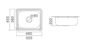 Stainless steel kitchen sink with 90mm drain hole, measuring 555mm x 455mm, ideal for home renovation and plumbing projects, available at Builders Warehouse Online.