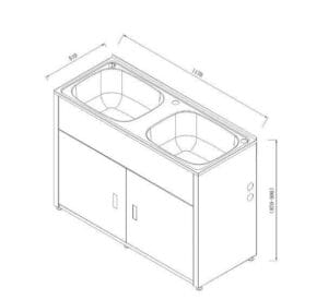 Double-basin stainless steel kitchen sink with cabinet, plumbing fixtures, and dimensions for building and renovation projects.