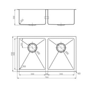 2. High-quality double kitchen sink with stainless steel finish, featuring two basins and precise dimensions for modern kitchen installations.