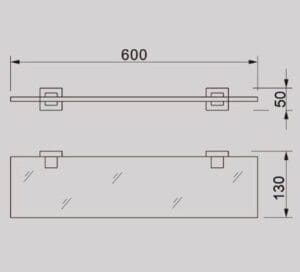 Flexible glass shelf with mounting hardware for bathroom or kitchen storage, 600mm length and 130mm height.
