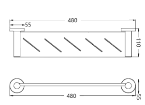 Heavy-duty glass shelf with metal support brackets, ideal for kitchens and bathrooms, featuring precise dimensions for durable storage solutions.