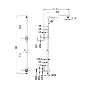 Flexible kitchen tap plumbing diagram with dimensions and fittings, detailed technical drawing for plumbing installation.