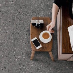 Tile Samples 38 Camera, coffee cup, smartphone on wooden table, casual coffee break at home or office.