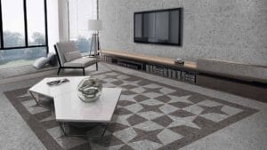 Modern living room with terrazzo flooring, minimalist furniture, large windows, and contemporary decor. Ideal for showcasing construction and renovation options from Builders Warehouse Online.