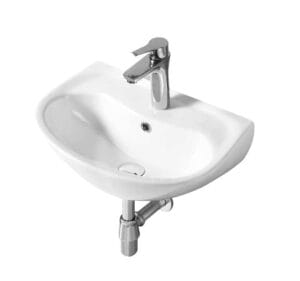 Chrome bathroom sink with faucet, wall-mounted ceramic washbasin, modern plumbing fixture, ideal for small bathrooms or laundry rooms, durable and stylish.