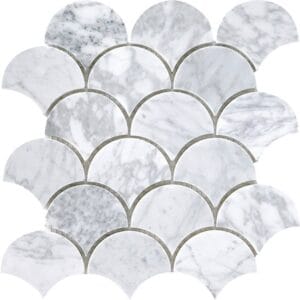 Marble scalloped tile mosaic for bathroom and kitchen backsplashes, shower walls, and flooring, featuring elegant white and grey natural stone patterns.
