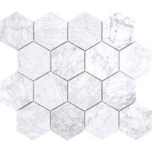 Luxurious white marble hexagon tiles for bathroom and kitchen backsplashes, featuring elegant natural veining and durable finish. Perfect for stylish interior remodeling and home renovation projects.