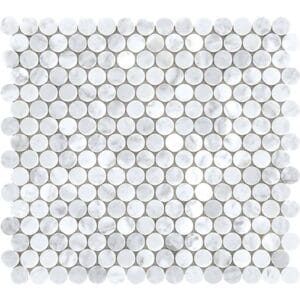 White marble mosaic tile with circular design for bathroom or kitchen renovation, decorative wall, or flooring accents. Perfect for modern interior decor and DIY building projects.