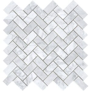 White marble herringbone mosaic tile for bathroom backsplash or kitchen wall decoration. Premium quality, easy to install, perfect for modern interior design.
