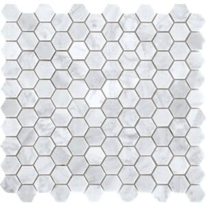 Hexagon marble tile with white and gray veining, perfect for bathroom and kitchen backsplashes or accents, combining elegance and durability.