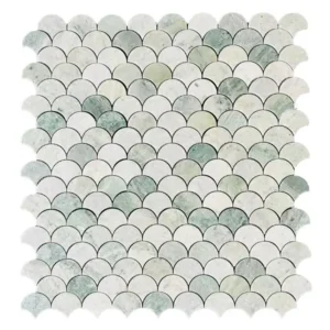 Glossy white and green fish scale mosaic tiles for bathroom and kitchen backsplashes, creating a sophisticated and elegant look. Perfect for modern and coastal-style interior designs.