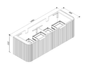 1. blueprint-style drawing of a custom kitchen island with dimensions and storage compartments, suitable for building or renovation projects.