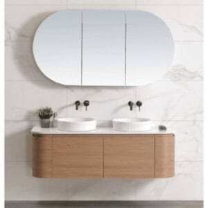 Modern double wall hung vanity bathroom with round vessel sinks, wall-mounted faucets, large mirror, and wooden cabinet storage, ideal for home renovation and bathroom upgrade projects.