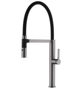 Brushed stainless steel kitchen tap with flexible black hose and modern design for home and commercial use.