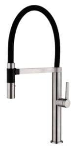 High-quality modern kitchen tap with black flexible hose and brushed stainless steel finish, ideal for home renovation and kitchen upgrades.