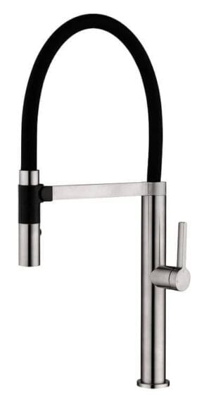 High-quality modern kitchen tap with black flexible hose and brushed stainless steel finish, ideal for home renovation and kitchen upgrades.